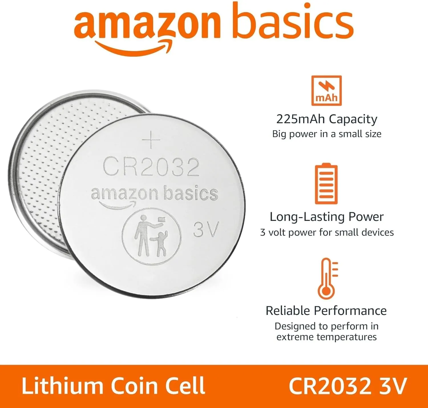Amazon Basics CR2032 Lithium Batteries, 4-Pack, Child-Proof Package, Non-Coated - AirTag Compatible