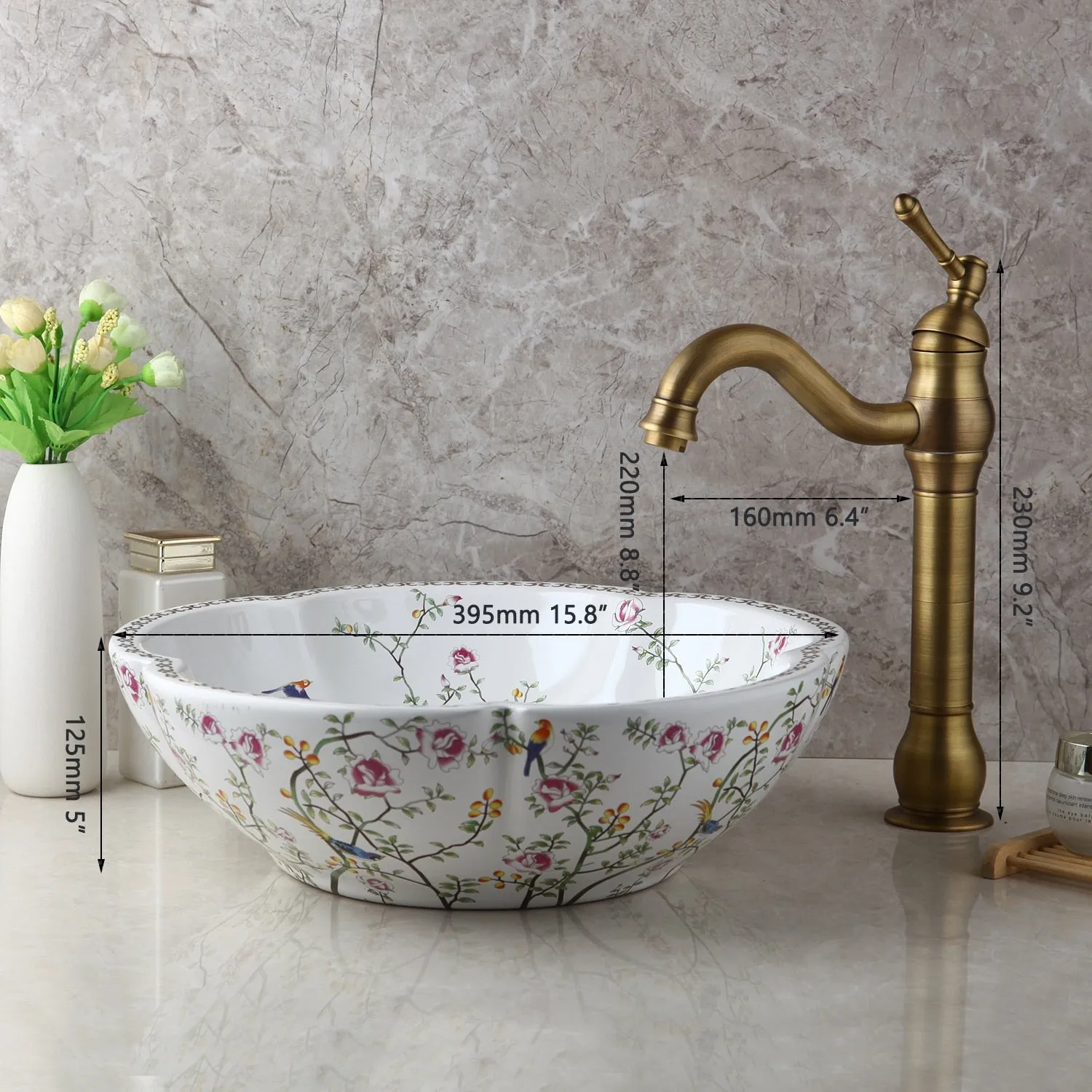 Art Basin Set Spring Blossoms Design Washbasin Bathroom Sink Set