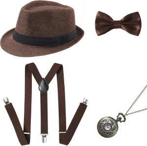 BABEYOND 1920s Mens Gatsby Gangster Accessories Set Panama Hat Suspender Bow Tie