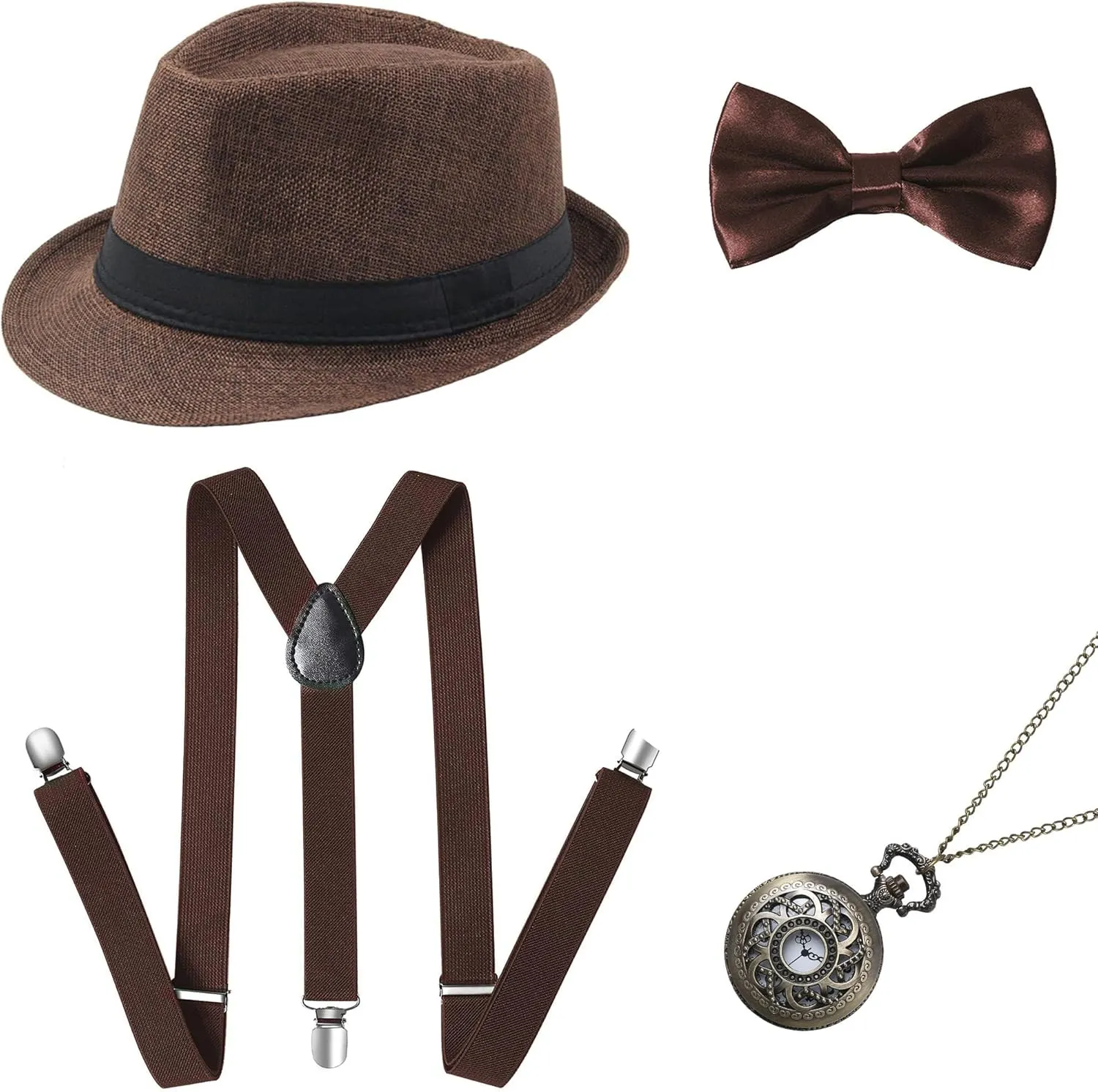 BABEYOND 1920s Mens Gatsby Gangster Accessories Set Panama Hat Suspender Bow Tie