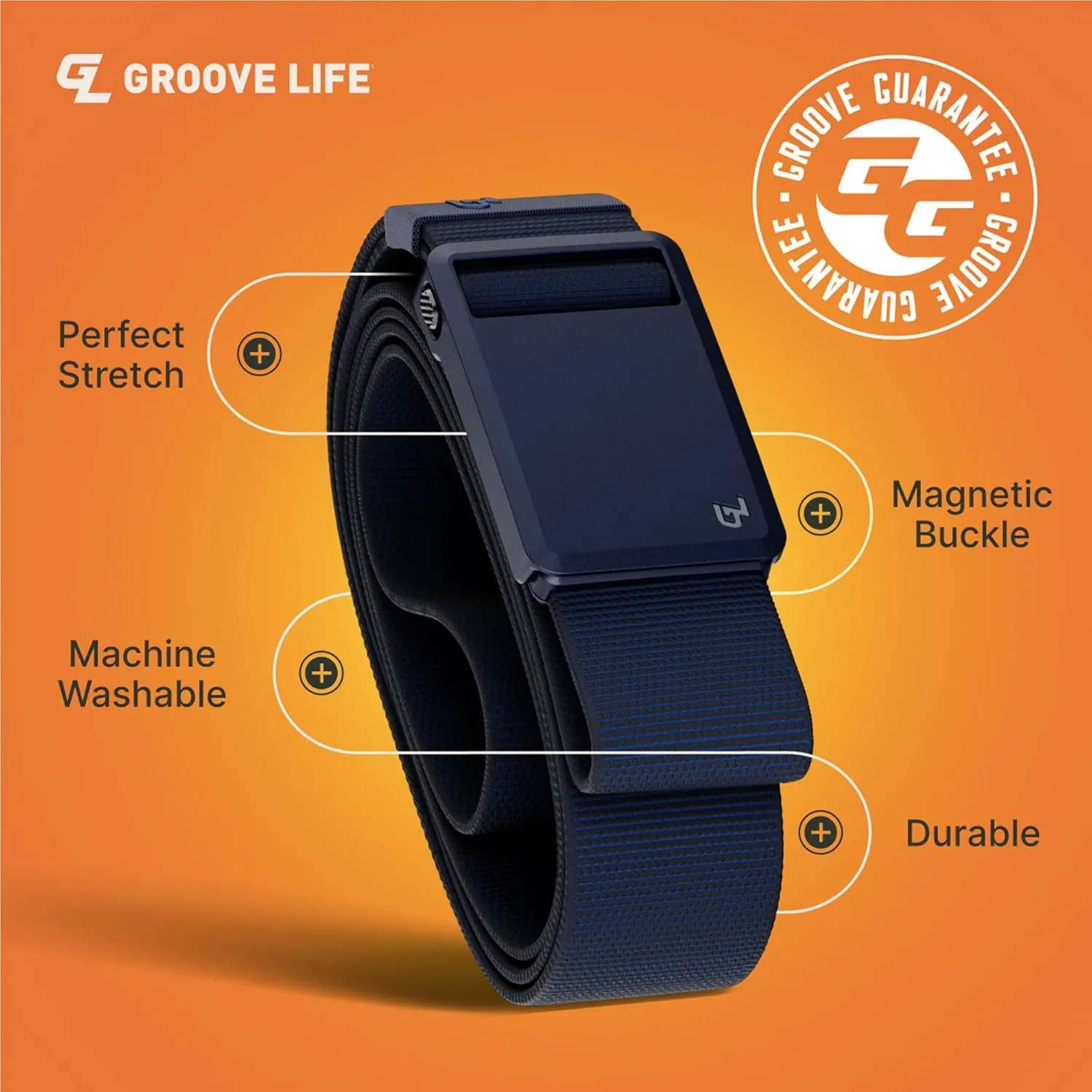 Groove Life Groove Belt Ultra - Men's Stretch Nylon Belt with Magnetic Polymer Buckle, Lightweight, Machine Washable