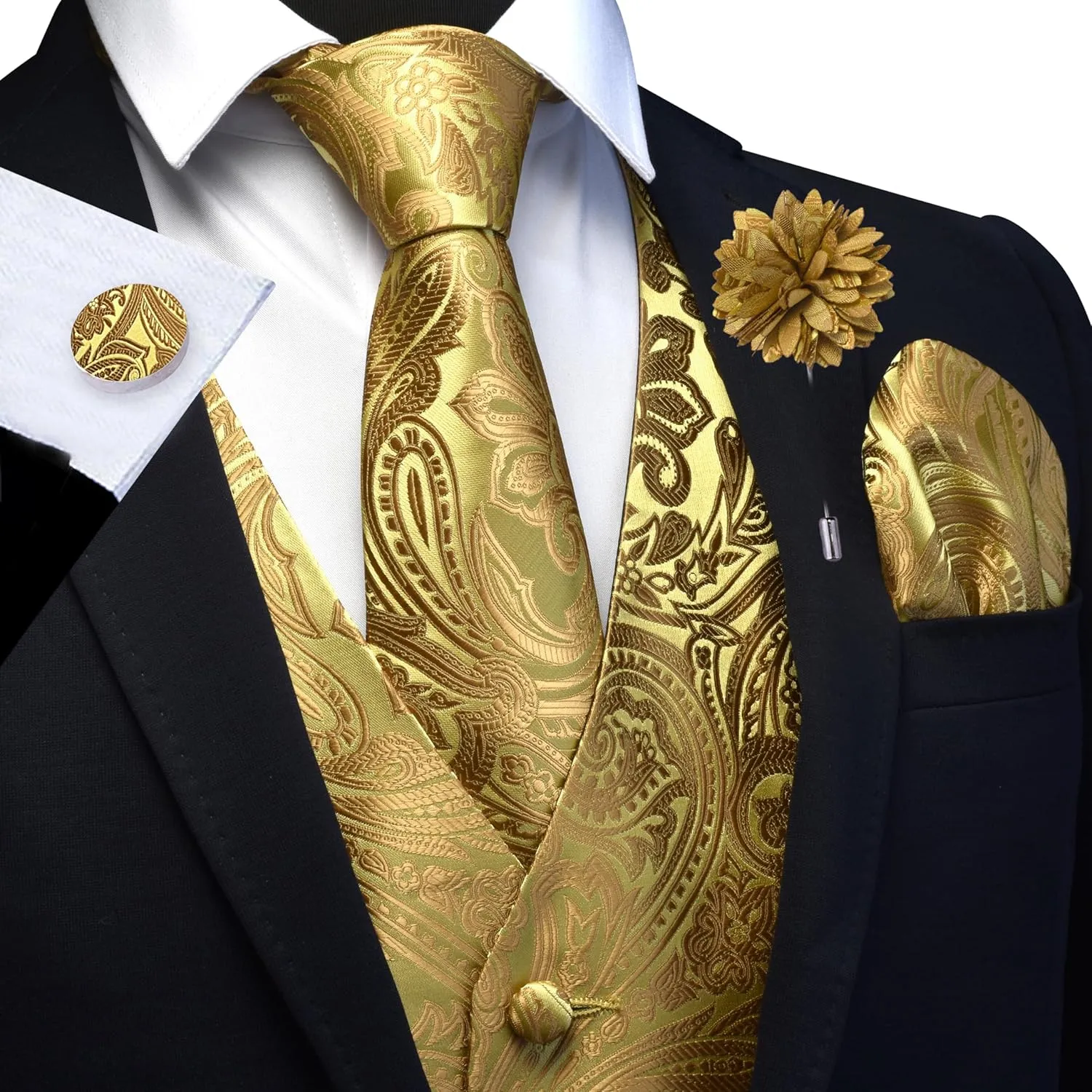GUSLESON Men's V-Neck Suit Vests Formal Men Vest Paisley Jacquard Tie Waistcoat Bow tie Hanky Set Wedding 7PCS