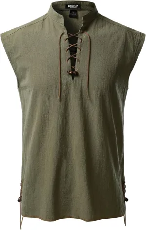 Men's Retro Pure Cotton Lace Up Sleeveless Shirts for Pirate Renaissance Medieval Viking Costume