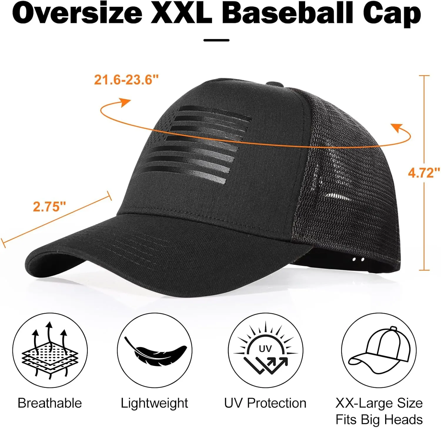 Oversize XXL American Flag Trucker Hat - Adjustable 23"-25.5" Baseball Cap - 3D Embossed Logo Mesh Snapback Hat