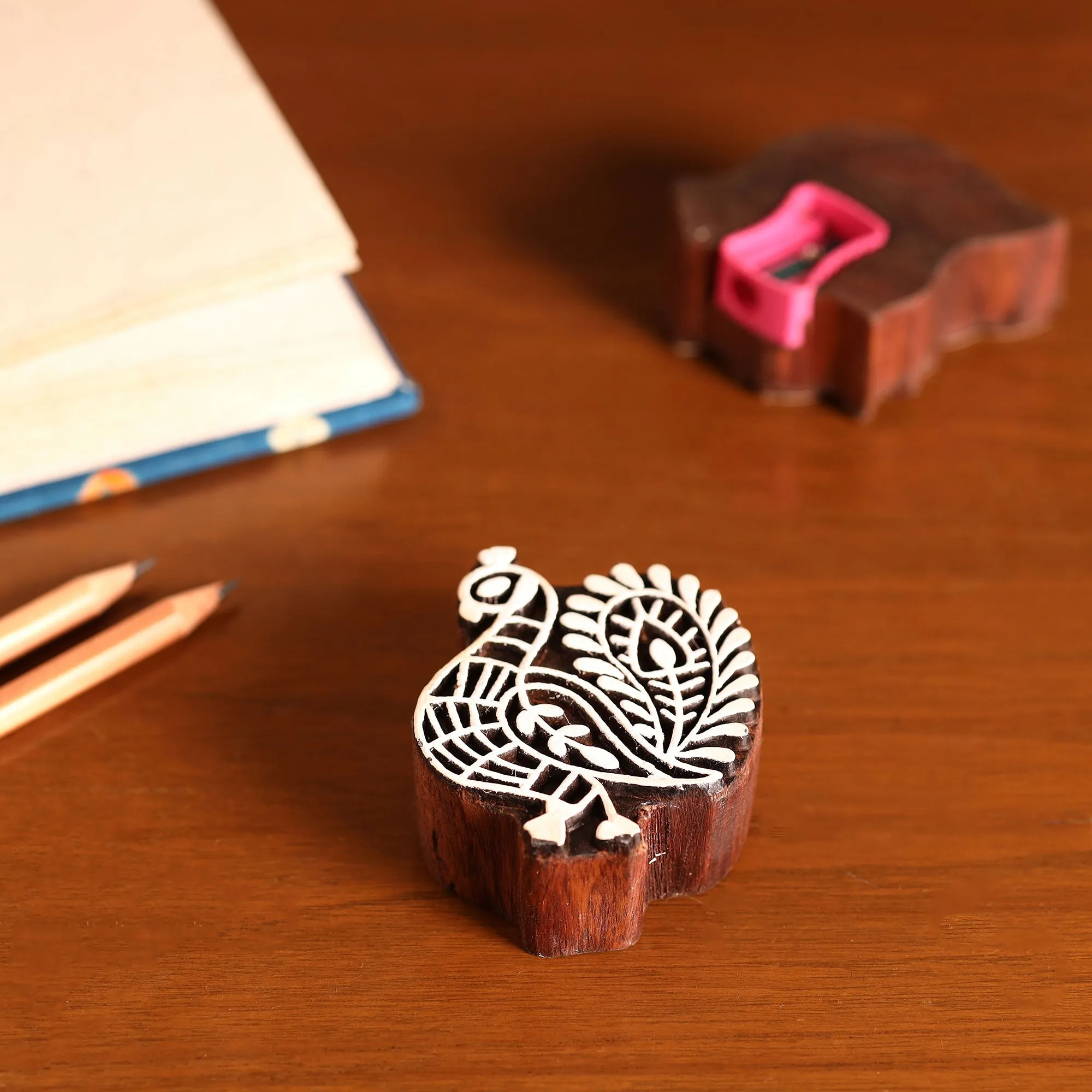 Peacock - Hand Carved Sheesham Wood Block Sharpener