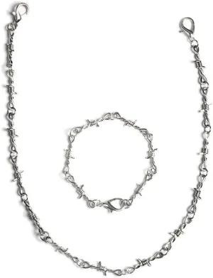 Punk Gothic Thorns Metal Barbed Wire Chain Necklace Bracelet Silver Jewelry for Men Women
