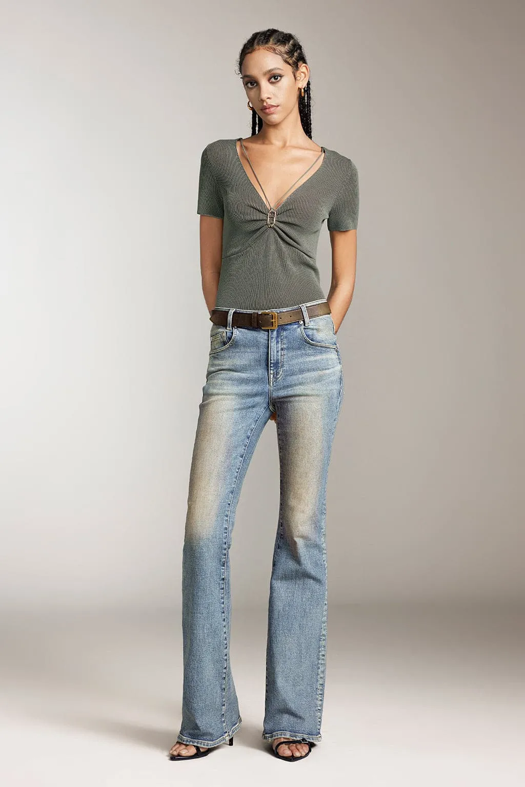 V-Neck Cropped Top With Metal Buttons